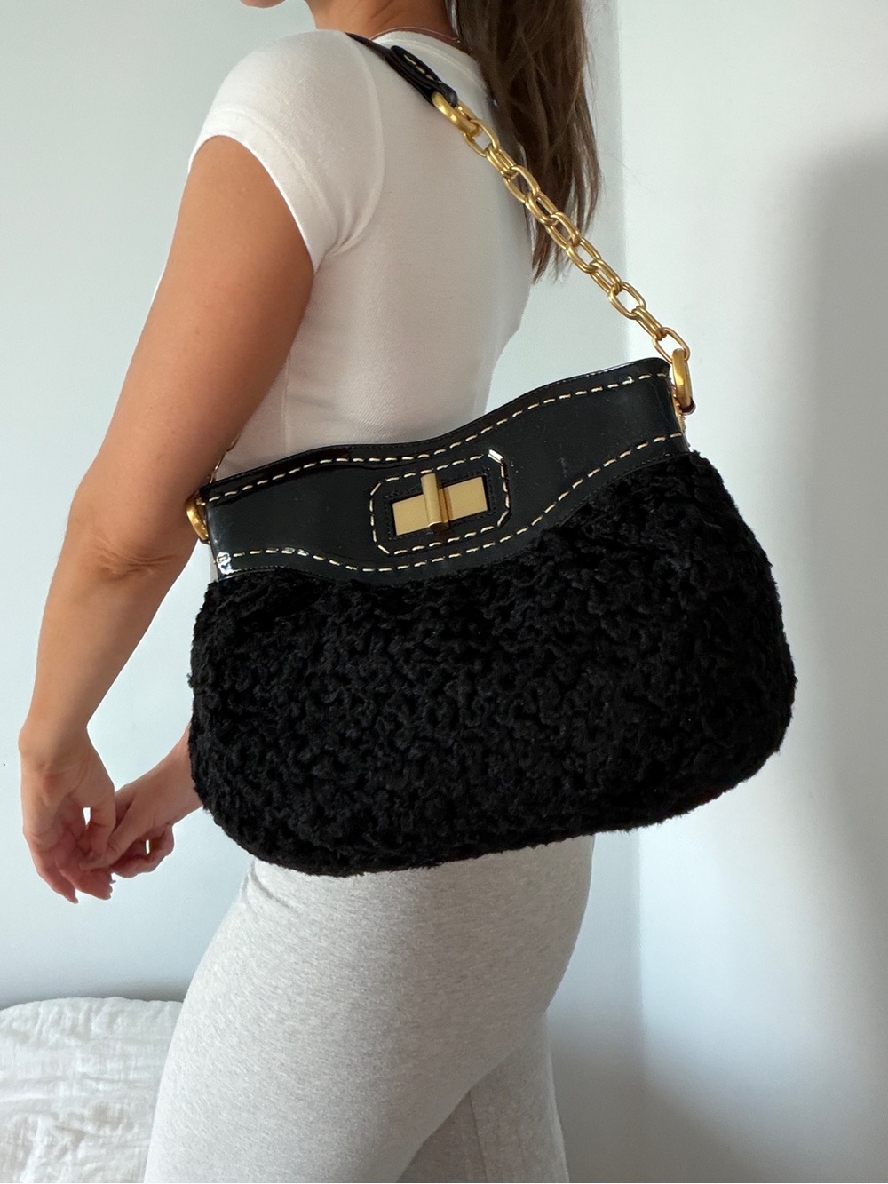 Y2K Black Faux Fur Shoulder Bag w/ Gold Hardware
